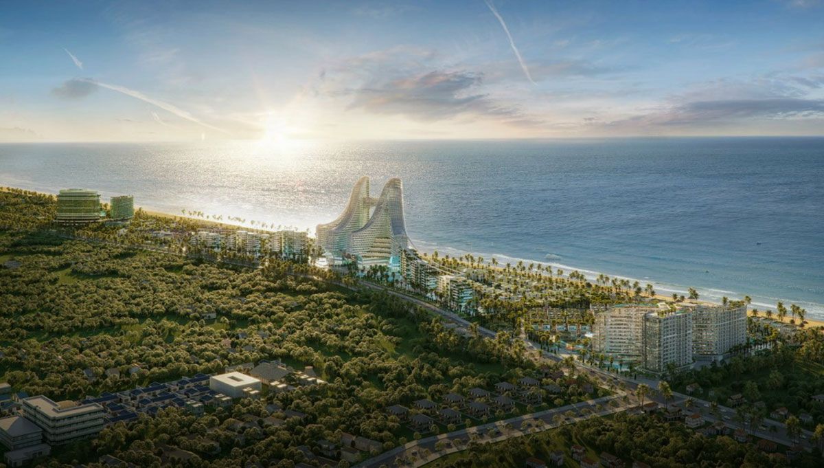 Phối cảnh dự án Charm Resort Hồ Tràm với 3km mặt tiền biển trải dài không đá ngầm của khu vực.