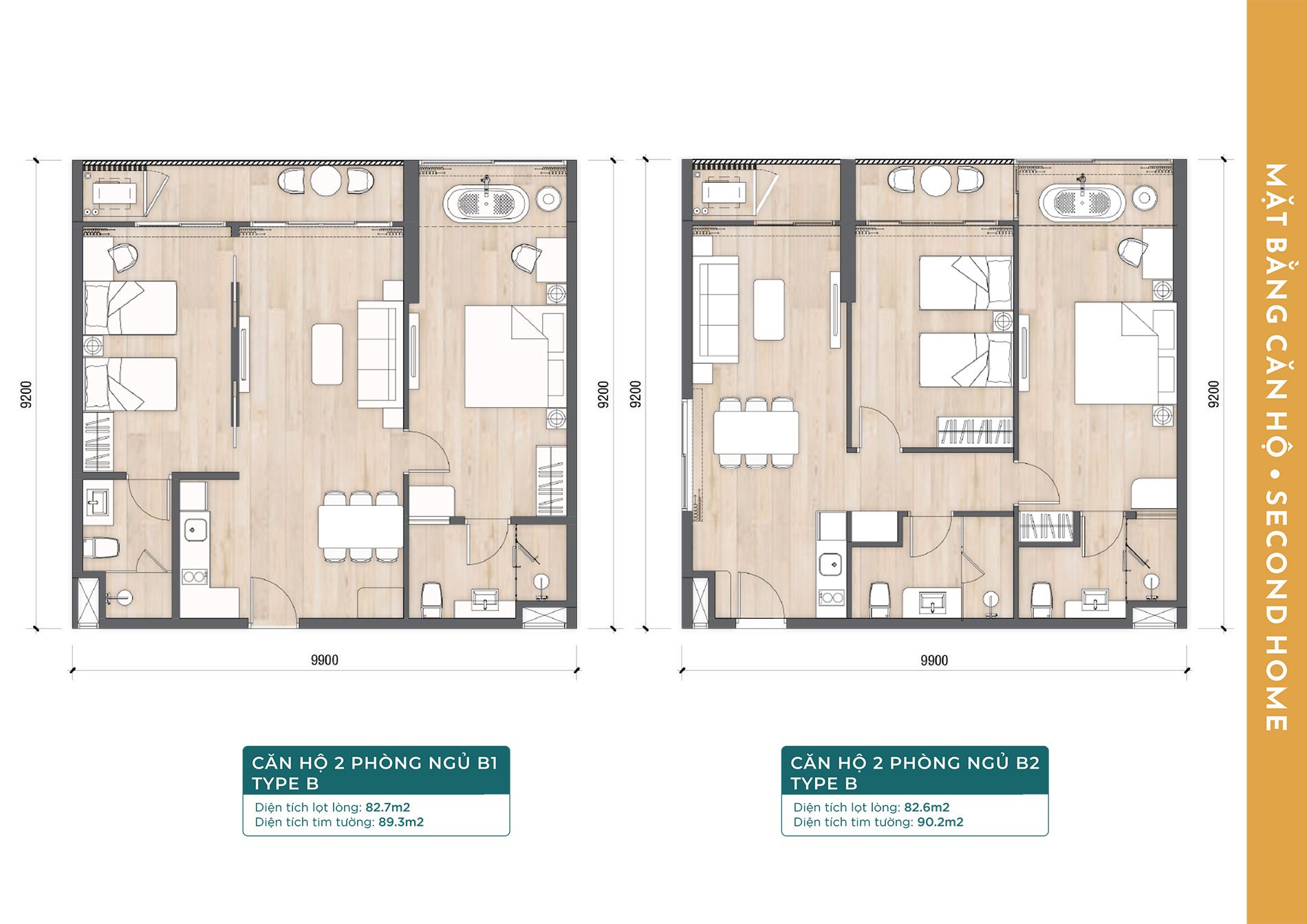 Layout thiết kế căn hộ 2 phòng ngủ B1 Type B và căn hộ 2 phòng ngủ B2 Type B.