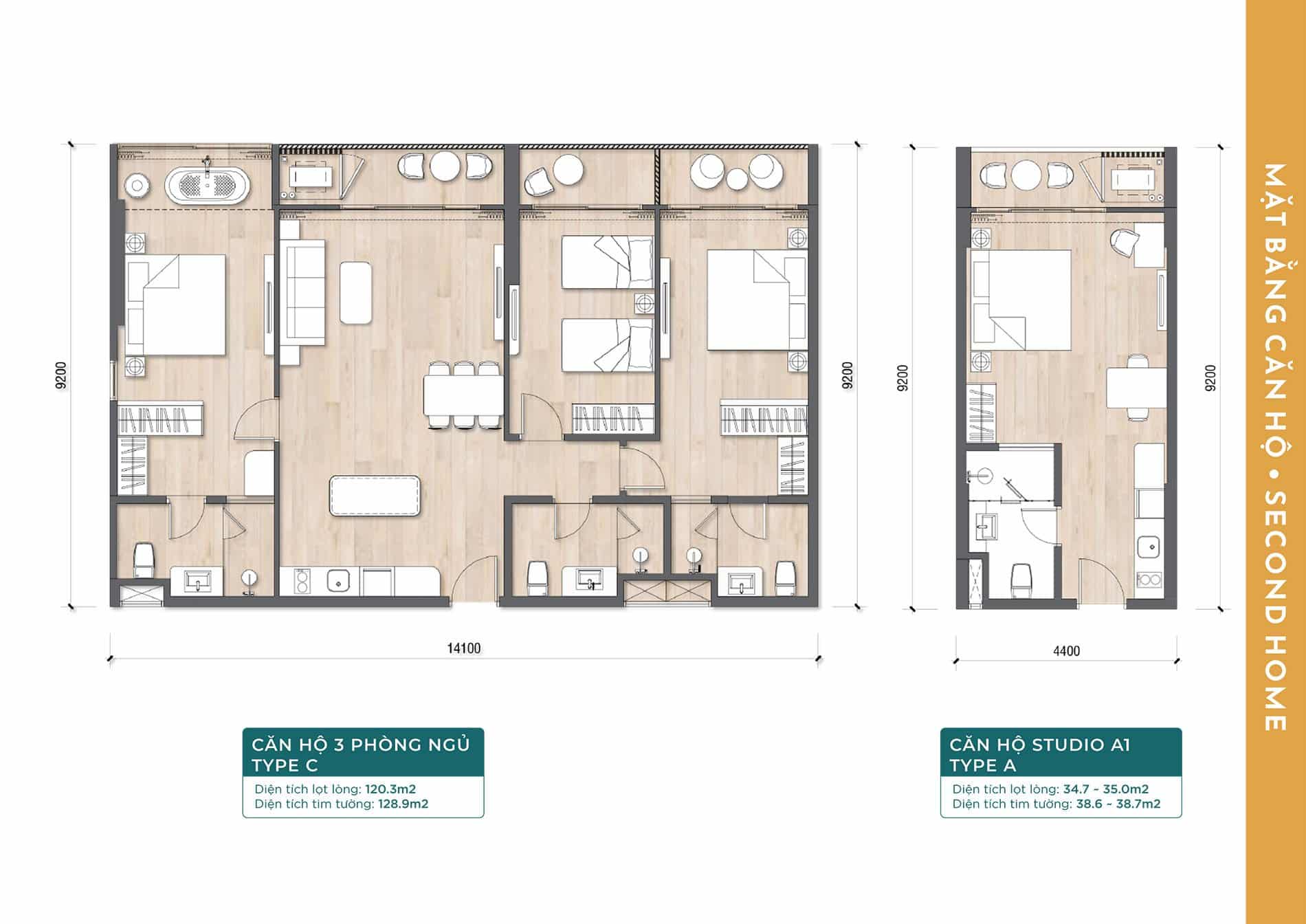 Layout thiết kế căn hộ 3 phòng ngủ Type C và căn hộ studio A1 Type A.