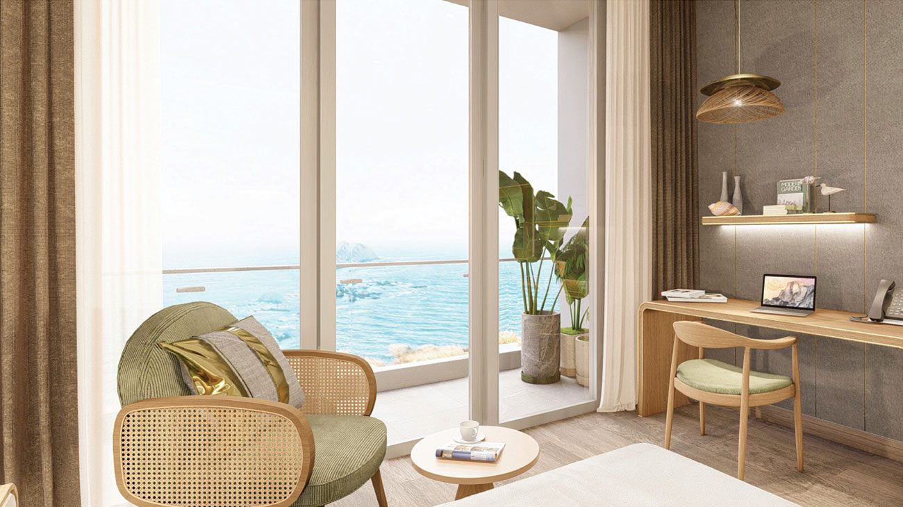 Phối cảnh căn hộ khách sạn phân khu The Sea Class được bàn giao full nội thất sang trọng.