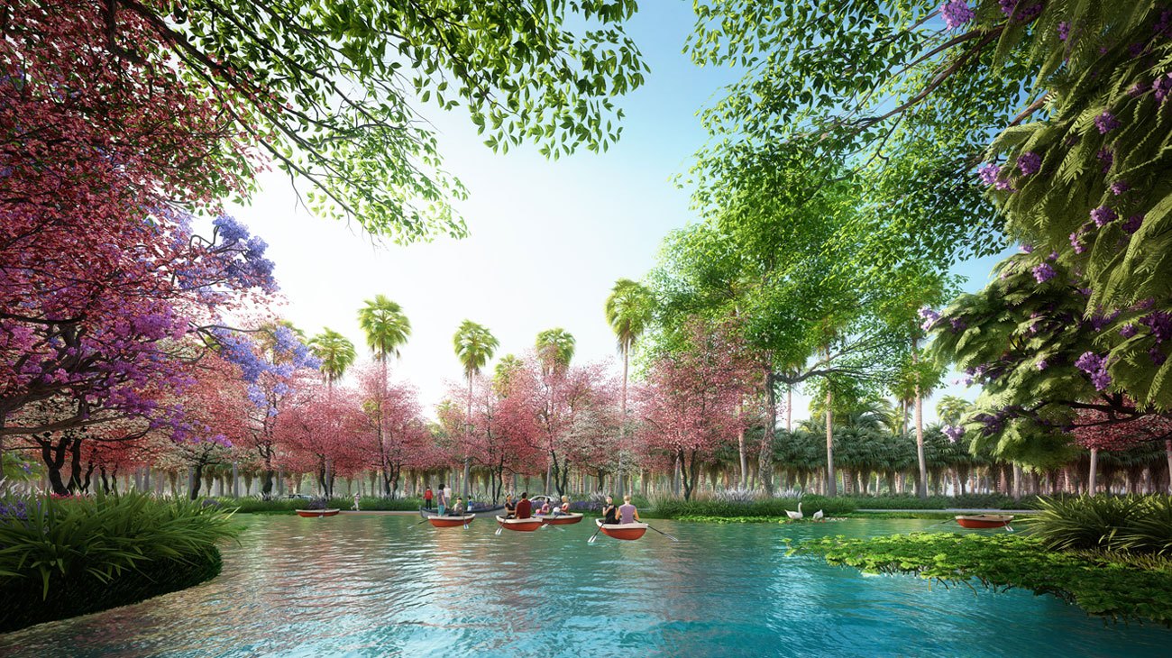 Thiết kế không gian Charm Resort Hồ Tràm với đặc trưng cây xanh, non nước làm chủ đạo.