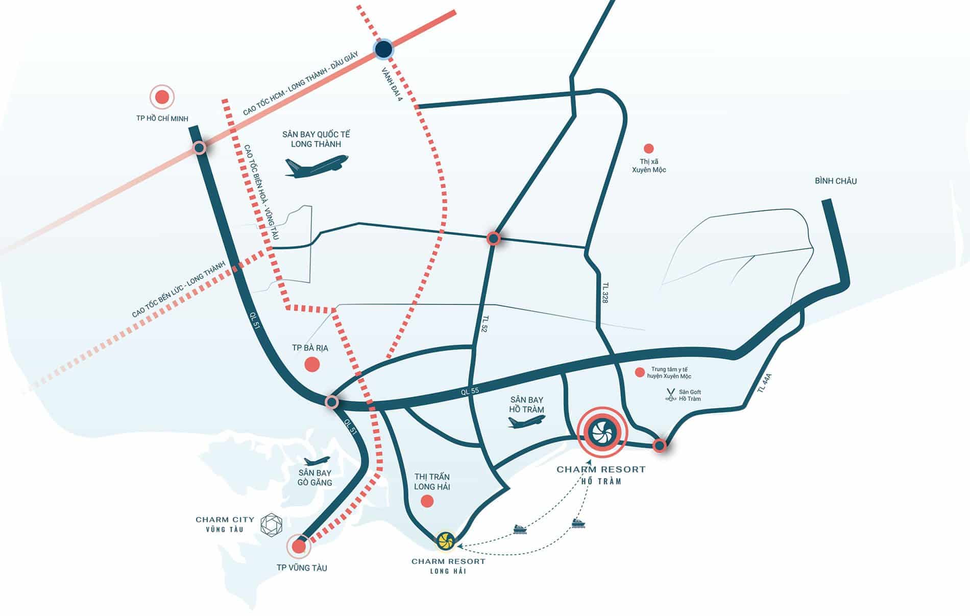 Vị trí dự án Charm Resort Hồ Tràm có kết nối hạ tầng giao thông vô cùng thuận tiện.