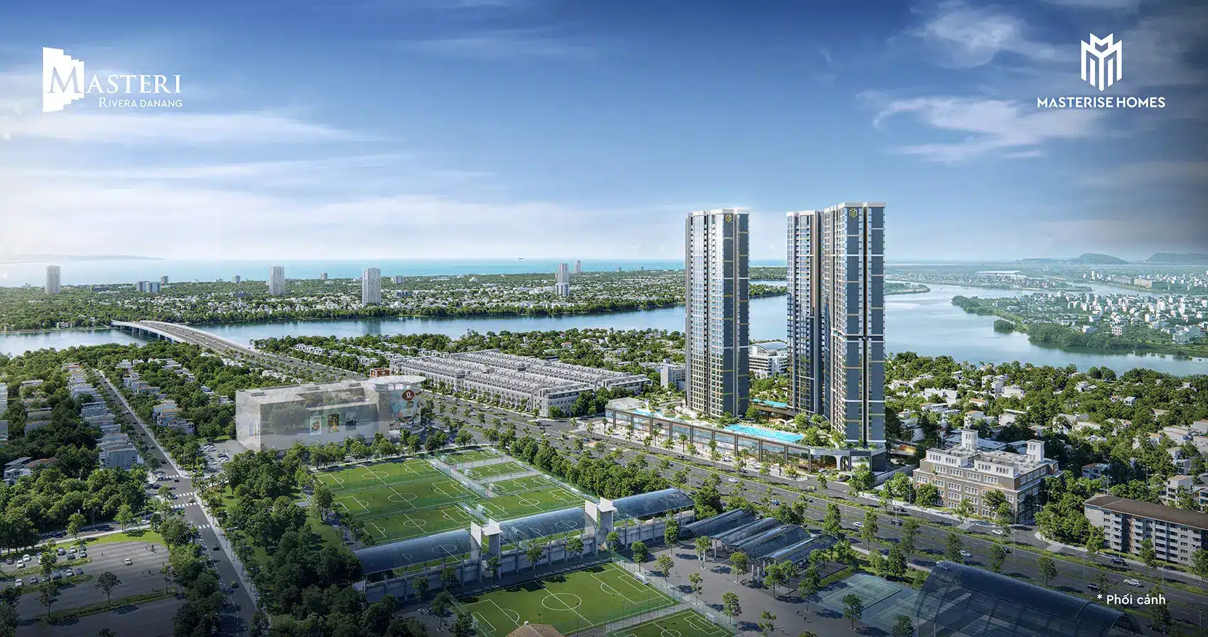 Phối cảnh tổng thể dự án Masteri Rivera Đà Nẵng với hai tòa tháp cao 39 tầng, nằm giữa vùng đất Đà Nẵng thơ mộng.