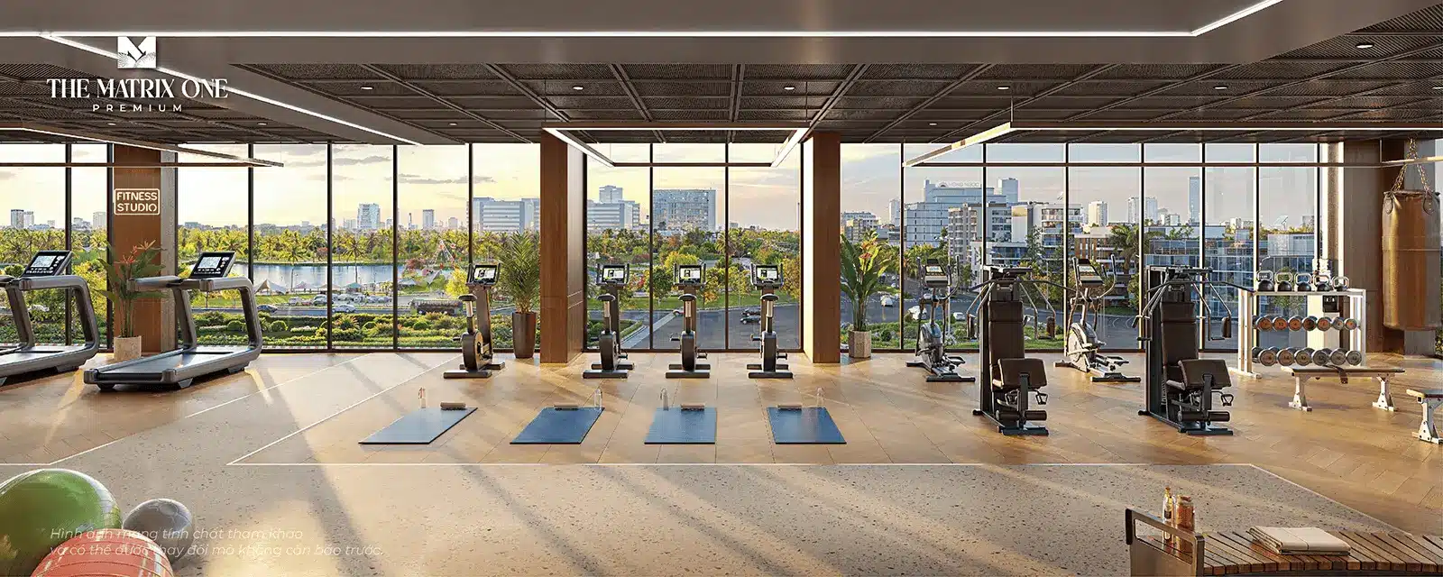 Phòng tập gym tại The Matrix One Premium với trang thiết bị hiện đại, tầm nhìn thoáng đãng và sang trọng.