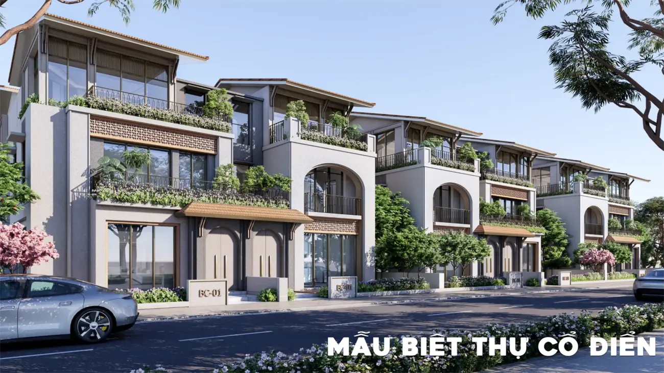 Biệt thự kiểu cổ điển với thiết kế hiện đại và không gian xanh mát mắt.