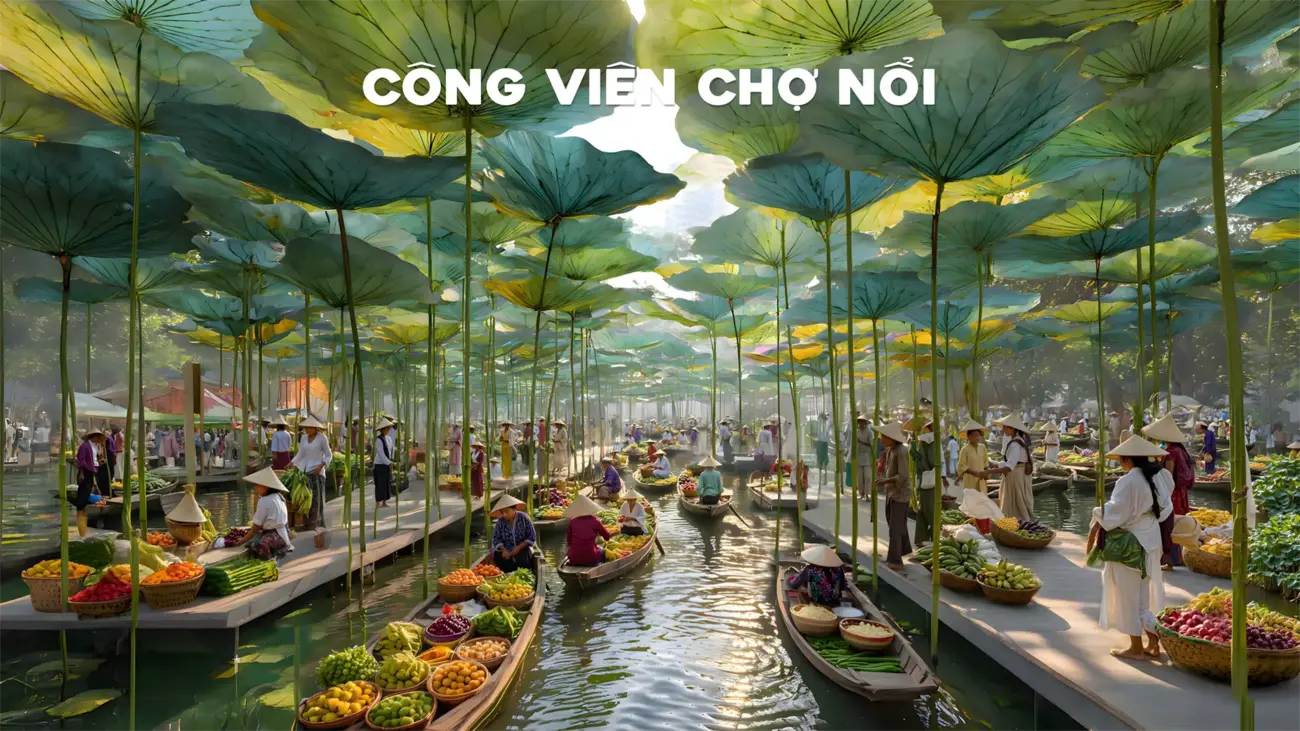 Chợ nổi nhộn nhịp dưới những tán bèo sen khổng lồ trong khu công viên độc đáo.