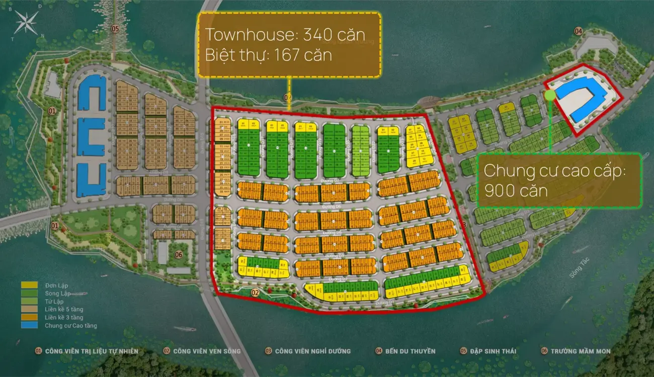 Khu dân cư cao cấp với 340 căn townhouse, 167 biệt thự và 900 căn chung cư ven sông.